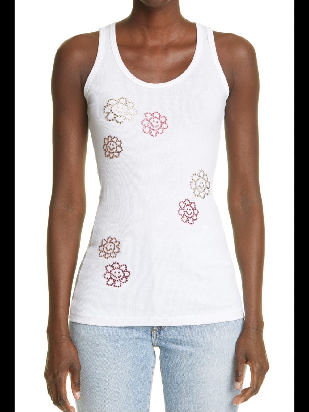 Collina Strada White Floral Rhinestone Rib Tank sz L